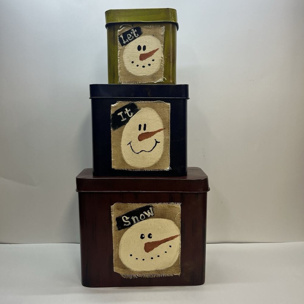 primitive style nesting Tins boxes snowman design let it snow tins rectangle‎